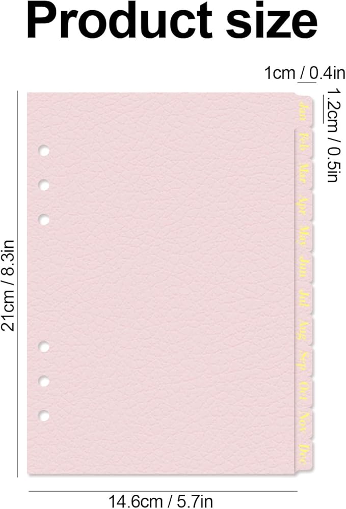 Leather Textured A5 Paper Card Dividers 6 Holes Ring Index Page Tab Divider for Travel Diary Binder Notebooks Journal Plan (12 Monthly Tabs - Pink)