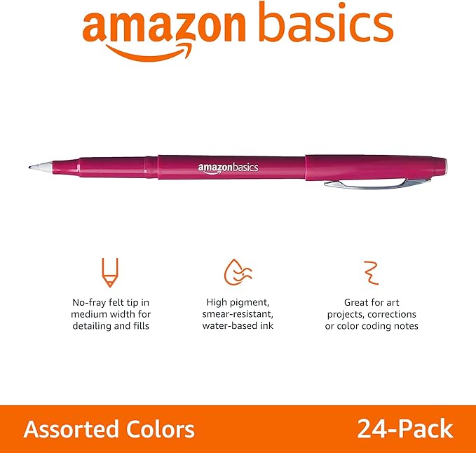 Amazon Basics Felt Tip Marker Pens, Assorted Colors, No-Fray Felt Tip, Smear-Proof, for Writing, Drawing, Journaling and Note Taking, 24-Pack