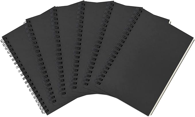 DSTELIN Blank Spiral Notebook, 6-Pack, Soft Cover, Sketch book, 100 Pages / 50 Sheets, 7.5 inch x 5.1 inch, 100GSM, (Black)
