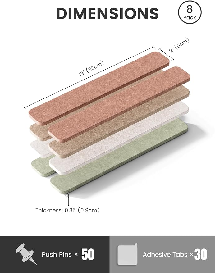Fluxynara Cork Board Alternative Felt Strip Board 8-Pack 13"x2", Office Pin Board with 50 Push Pins, Adhesive Install for Bedroom Door & Home Office(Boho)