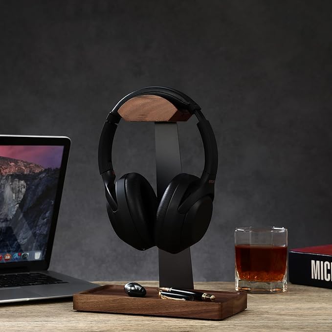 Walnut Headphone Stand, Wood Headset Stand for Desk, Gaming Headphone Holder with Storage Base Compatible with Airpod max, Bose, Razer, Sennheiser, Jabra, JBL, AKG, Grey