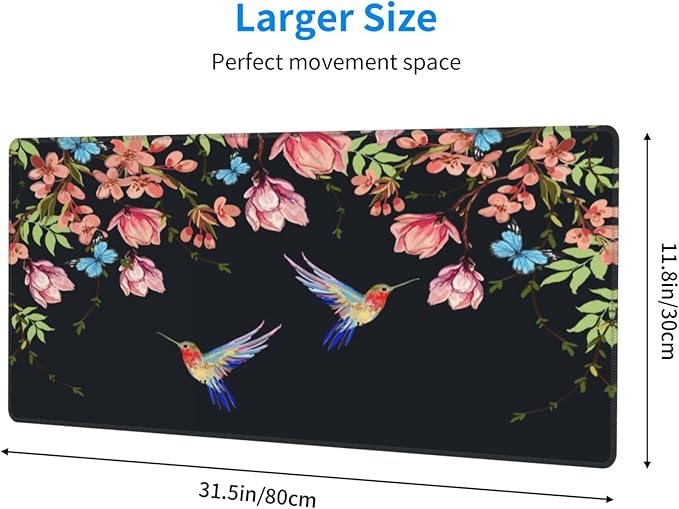 Hummingbirds and Flowers Large Mouse Pad with Stitched Edges Long Non-Slip Rubber Base Mousepad Laptop Keyboard Mat Desk Pad for Office Home Desk Decor, 31.5" X 11.8"