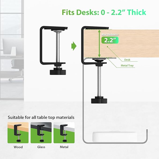 KEEGH 16'' Under Desk Cable Management Tray, No Drill Clamp/Screws Mount, Sturdy Metal Cable Tray for Place Power Strip, Cord Management Tray for Home Office, Gaming Desk, Standing Desk, 1 Pack, Black