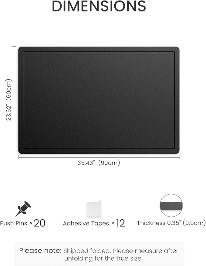 Fluxynara Bulletin Board,35.4" x 23.6" Cork Board Alternative with 12 Safe Removable Adhesive Tabs, Foldable Felt Pin Board for Home Office, Classroom, Bedroom,Entryway for Walls— Black