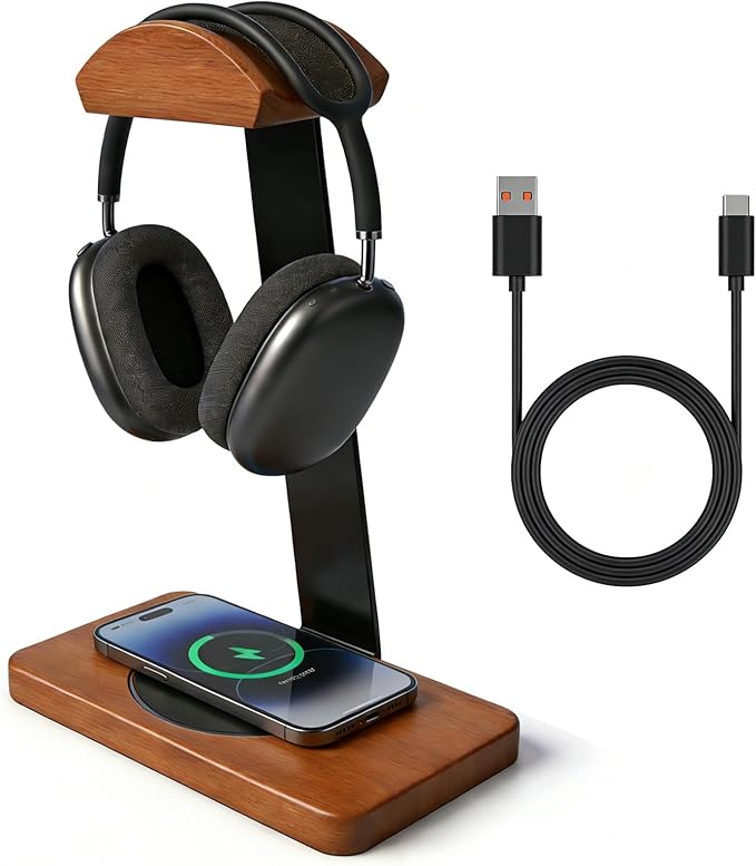 Solid Wooden Headphone Holder, Universal Headset Stand with Wireless Charger 15W Max Fast for Desk, Wireless Charger Headphone Holder for Gaming Desk Compatible with iPhone Samsung (Black)
