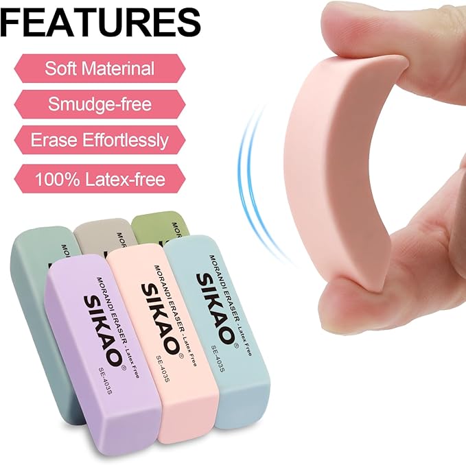 Morandi Erasers, 6 Pack Pencil Erasers for Kids – Aesthetic Pastel Beveled Rubber Erasers, Latex-Free & Smudge-Free for School Supplies, Classroom & Daily Writing