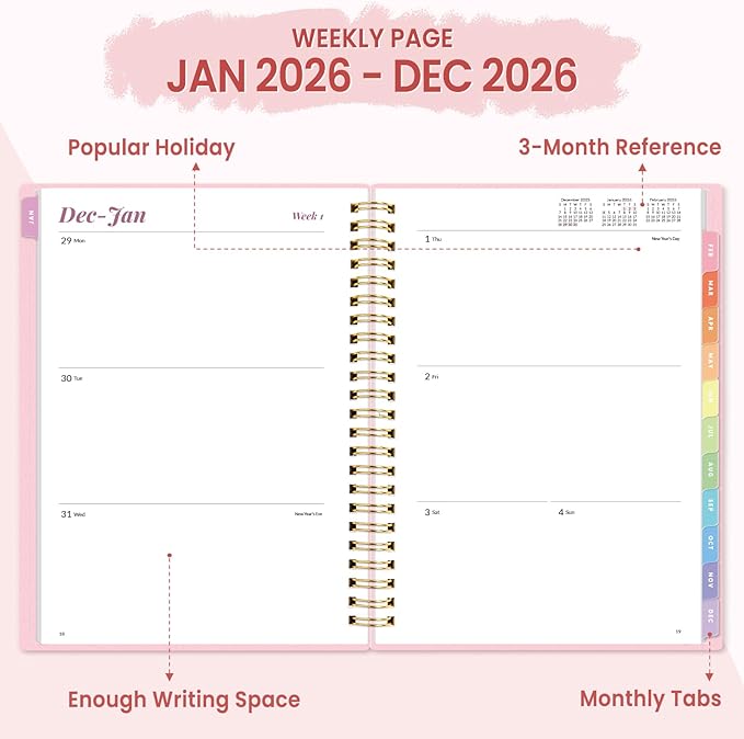 2026 Planner, Annecy Weekly ＆ Monthly Planner 2026, Jan. 2026 – Dec. 2026, 6.4" x 8.3" Monthly Agenda Planner with Tabs, Waterproof Flexible Cover, Spiral Binding, Double-sided Pocket, Bookmark, Pink