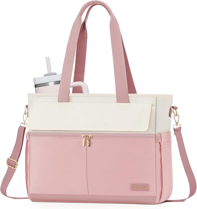 LOVEVOOK Laptop Bag for Women 15.6 Inch Canvas Laptop Large Capacity Work Bags Mutiple Pockets Teacher Bag Water Resistant Computer Bags for Business Travel Nurse, Pink Beige