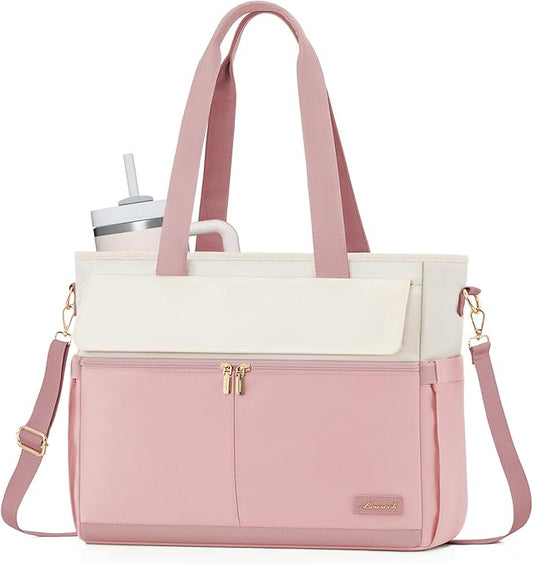 LOVEVOOK Laptop Bag for Women 15.6 Inch Canvas Laptop Large Capacity Work Bags Mutiple Pockets Teacher Bag Water Resistant Computer Bags for Business Travel Nurse, Pink Beige