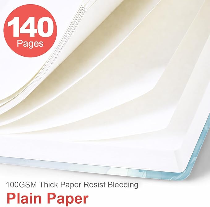 Heveboik A5 Blank Notebook - 70 Sheets/140 Pages Blank Paper Notebook, 100 GSM Thick White Paper, 5.8" x 8.3" Spiral Blank Journal, Blue Watercolor