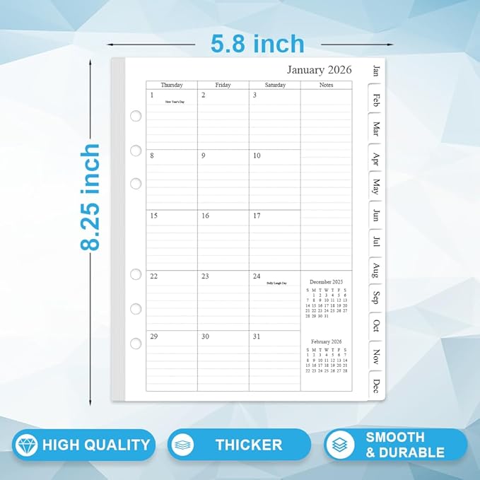 2026 Monthly Planner Refills, Two Pages Per Month,Jan 2026 to Dec 2026, A5 Size,5.8" x 8.25",6-Hole Punched,2026 planner inserts