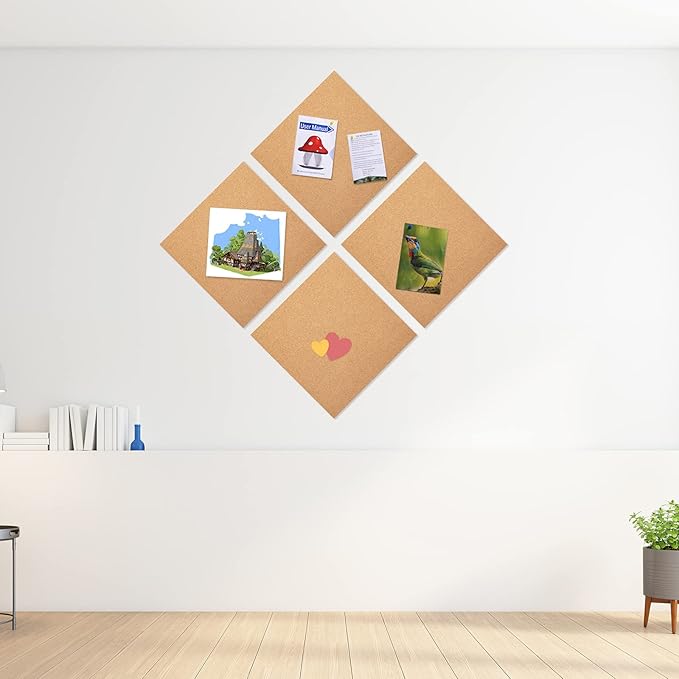 4 Pack Cork Bulletin Board 12 x 12 Inch - 1/2" Thick Cork Board Tiles,Self-Adhesive Frameless Cork Tiles Wall Decor with 50 PCS Pushpins for DIY, Office, School and Home Decor