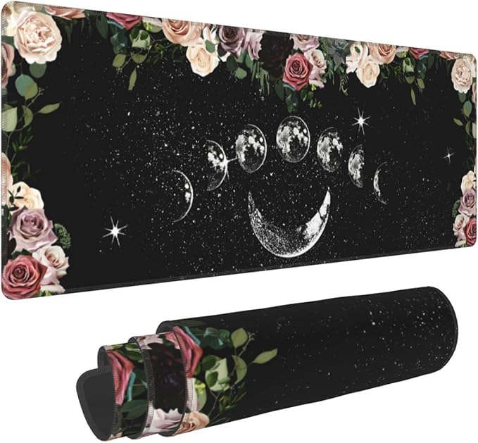 Pale Roses Moon Phase Witchy Tarot Black XXL XL Large Gaming Mouse Pad for Desk, Non-Slip Long Extended Keyboard Pads Mousepad Rubber Table Mat 31.5 X 11.8 Inch