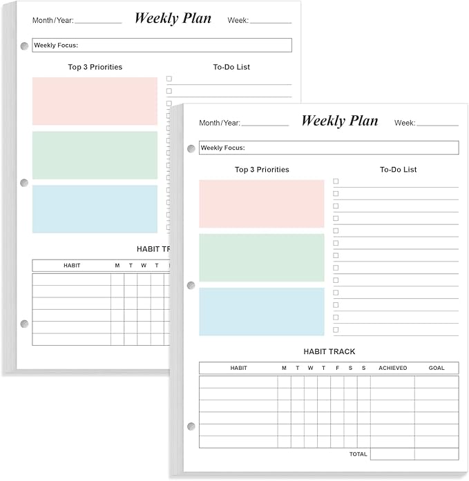 (2-Pack) 3-Hole Weekly Planner Refills - 106 Sheets/212 Pages Colorful Weekly Planner for 3 Ring Binders, 100 gsm White Paper, Lasts 2 Year, Undated, 8.5'' x 11''