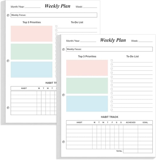 (2-Pack) 3-Hole Weekly Planner Refills - 106 Sheets/212 Pages Colorful Weekly Planner for 3 Ring Binders, 100 gsm White Paper, Lasts 2 Year, Undated, 8.5'' x 11''