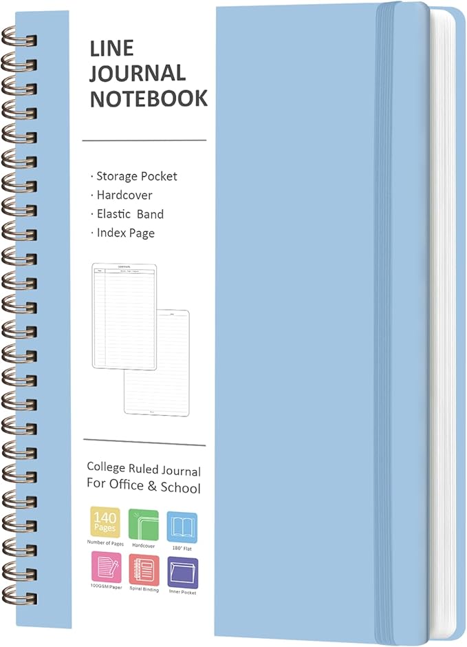 VALOME Journaling Notebooks, A5 Lined Spiral Notebook for Women & Men, 146 Pages College Ruled Hardcover Note Book for Work, Note Taking, Journaling, School, Writing (Blue)