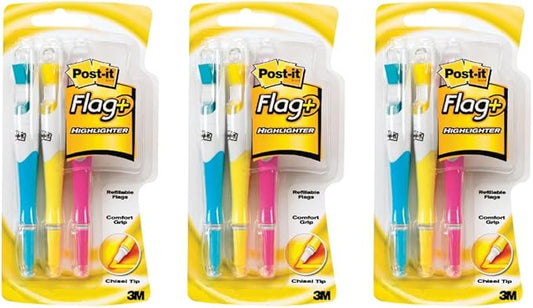 Post-it Flags + Highlighter 3 Pack, 50 Color Coordinated Flags/Highlighter, Yellow, Pink, Blue (689-HL3) - 3 Pack, 9 total count