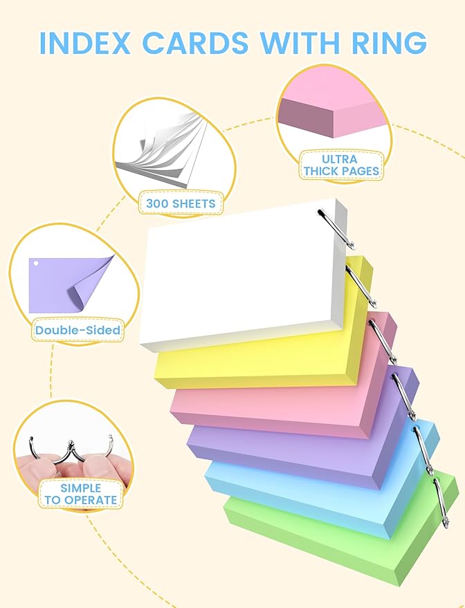 Blank Index Cards with Ring, 300PCS Blank Notecards 3 x 5 Flashcards for Studying，Unruled Flash Note Cards 3'' x 5'' Unlined Index Cards Bulk for College Nursing School Supplies, 6 Pack of 50, Colored