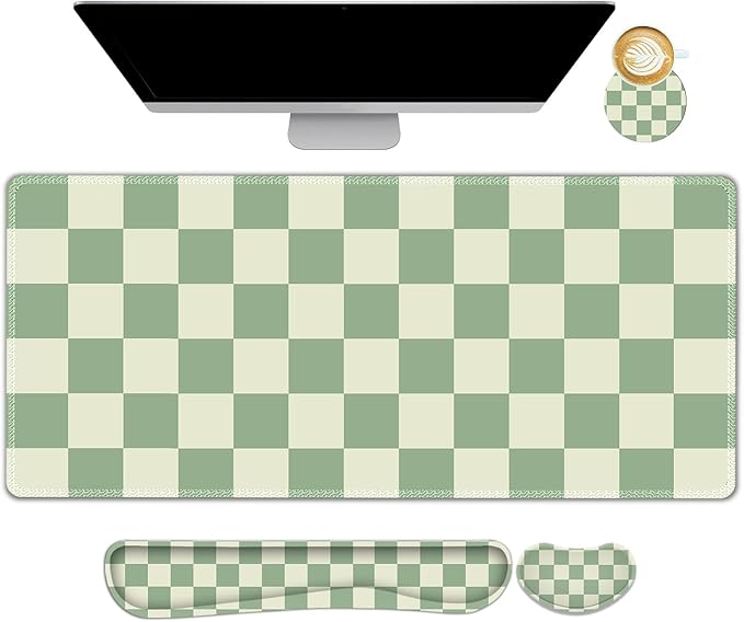 Large Gaming Mouse Pad Set, 4 in1 Ergonomics Keyboard Desk Mat with Memory Foam Wrist Rest, Extended Game Mousepad, Non-Slip Desk Pad Matt Easy Typing Pain Relief I Green Checkered