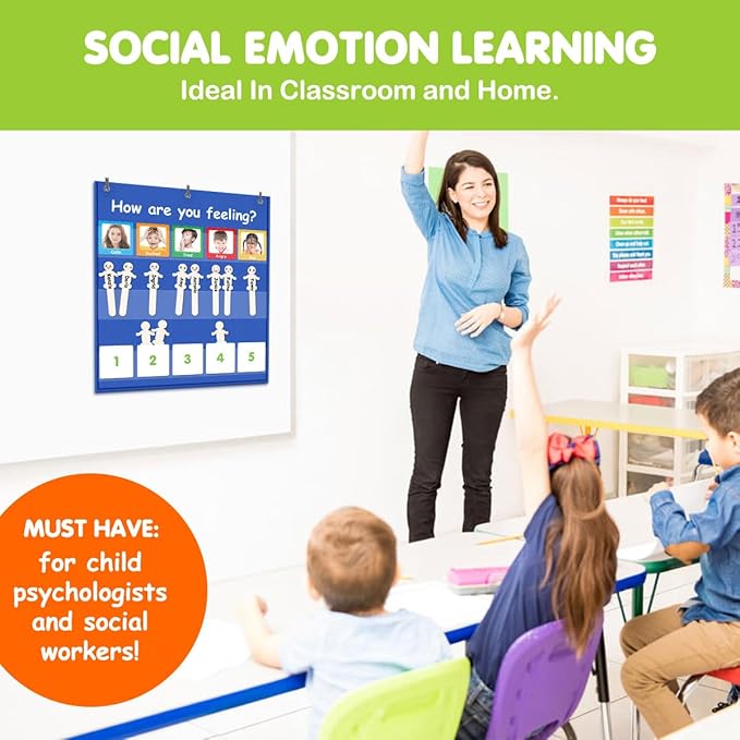 Eamay Emotions and Feelings Pocket Chart for Kids with 31 Cards,Social Emotional Learning Pocket Chart for Classroom and Home-School,Blue