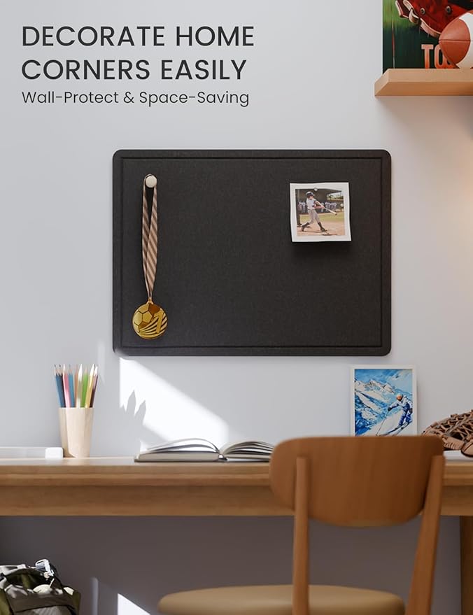 Fluxynara Bulletin Board, 23.6" x 17.5" Cork Board Alternative with 12 Safe Removable Adhesive Tabs, Foldable Felt Pin Board for Home Office, Classroom, Bedroom,Entryway for Walls— Black