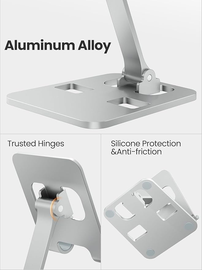 Phone Stand for Desk, Dual Folding Cell Phone Holder, Fully Adjustable Portable Mobile Phone Holder for iPhone 17 16 15 14 13 12 11 Pro Max Plus Air, Galaxy S25 S24, All Phones (Silver)
