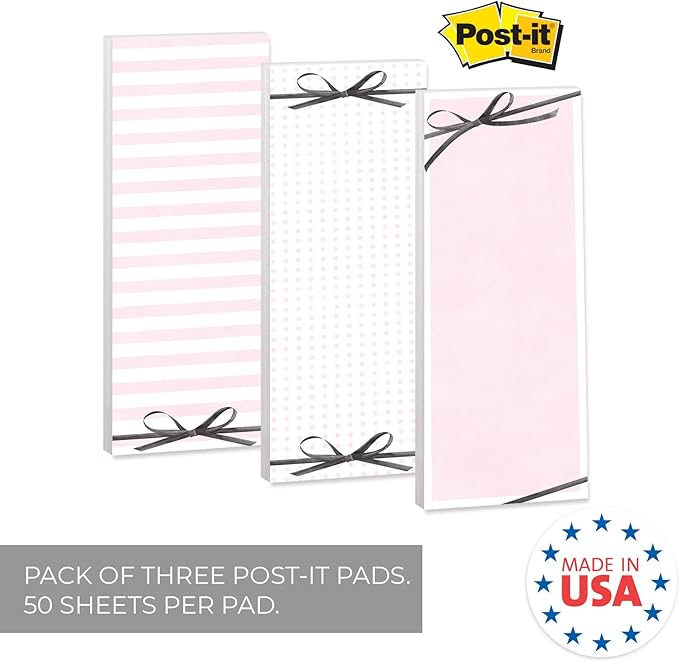 Coquette Bow Tall Sticky Note Assortment/Set of 3 Cute Pink Striped Pads / 3" x 8" Daily Task Trackers / 50 Sheets Per Pad/Made in USA