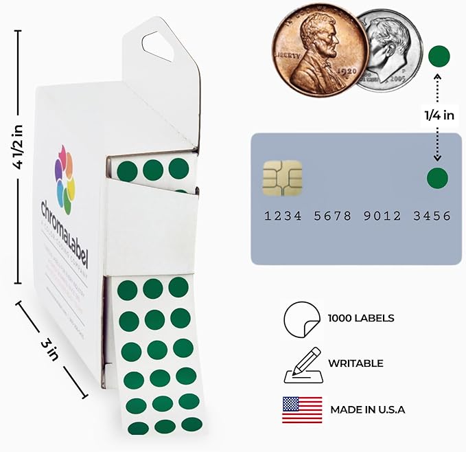 ChromaLabel 0.25 inch Forest Green Sticky Color Coding Dot Stickers, Ideal for Pricing, Office Supplies, Teachers, Comes with Handy Dispenser - Great for Retail, Manufacturing, Recreation