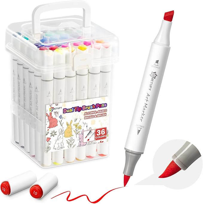 Simetufy 36 Colors Alcohol Markers Brush and Chisel Dual Tip, Coloring Alcohol Markers Set for Coloring Books Drawing Supplies, Basic Bright Colors