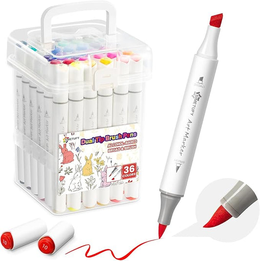 Simetufy 36 Colors Alcohol Markers Brush and Chisel Dual Tip, Coloring Alcohol Markers Set for Coloring Books Drawing Supplies, Basic Bright Colors