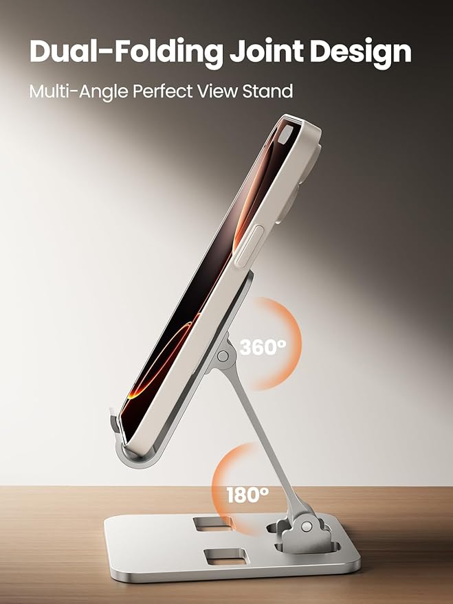 Phone Stand for Desk, Dual Folding Cell Phone Holder, Fully Adjustable Portable Mobile Phone Holder for iPhone 17 16 15 14 13 12 11 Pro Max Plus Air, Galaxy S25 S24, All Phones (Silver)
