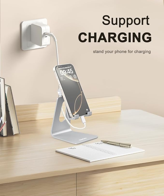 Cell Phone Stand for Desk- Adjustable Phone Stand Holder, Cradle, Dock, Desktop Stand for iPhone 17 16, 15, 14, Plus, Pro, Pro Max, 13 12 X XS,4-8" Phones, Office Accessories (Silver)
