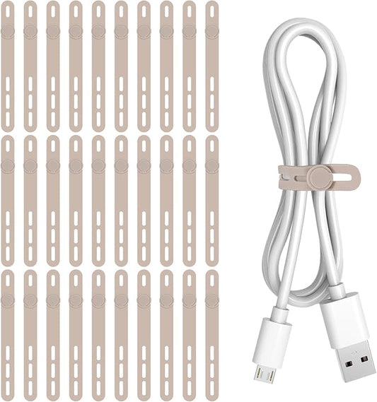 Donruby 30Pcs Silicone Cable Ties - Reusable & Washable with Adjustable Locking Buckles, High Elasticity Cable Management Straps for Home, Office, School, Travel Essential Cord Organizer (Khaki)