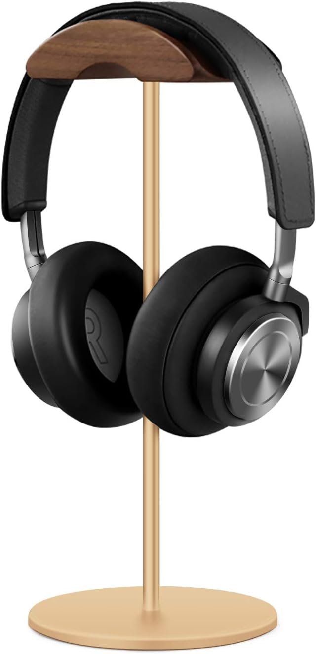 Headphone Stand, Walnut Wood & Aluminum Headset Stand, Nature Walnut Gaming Headset Holder with Solid Heavy Base for All Headphone Sizes (Gold)
