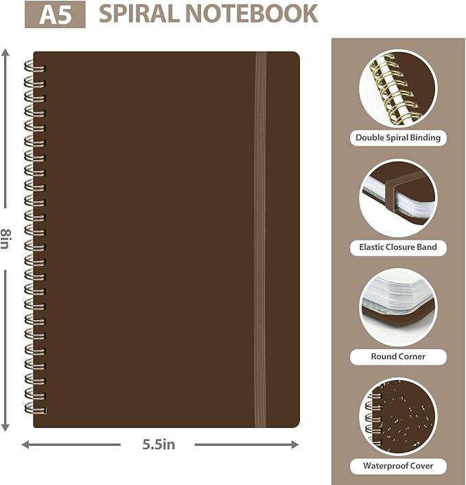VALOME Journaling Notebooks, A5 Lined Spiral Notebook for Women & Men, 146 Pages College Ruled Hardcover Note Book for Work, Note Taking, Journaling, School, Writing (Brown)