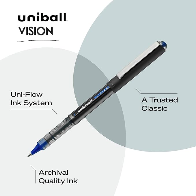 Uniball Vision Rollerball Pen - 12 Pack, Blue Pens, 0.5mm Micro Tip Size - Smooth Writing Japanese Pens, School Supplies