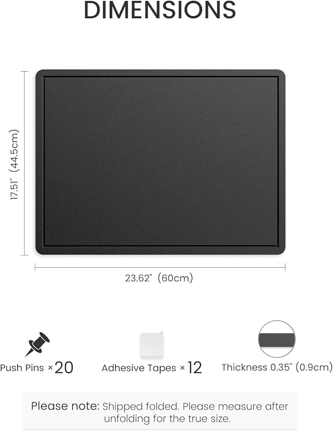 Fluxynara Bulletin Board, 23.6" x 17.5" Cork Board Alternative with 12 Safe Removable Adhesive Tabs, Foldable Felt Pin Board for Home Office, Classroom, Bedroom,Entryway for Walls— Black