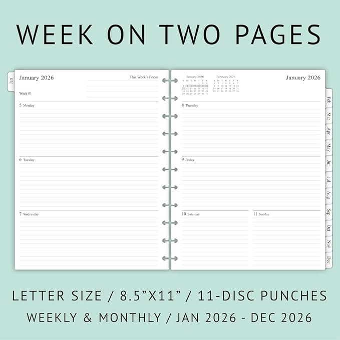 2026 Weekly Planner Refills for 11-Discbound Notebooks, Monthly Tabs, 11-Disc Punches, Letter Size, 8-1/2" x 11"