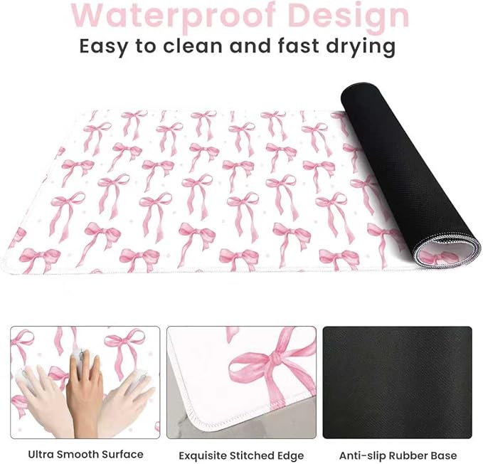 Pink and White Mouse Pad, Desk Mat Pink Bow Keyboard Mat Bows Office Accessories Computer Mat, Non-Slip Rubber Base Extra Large Mousepad Laptop Pad, Desktop Pad Cute Decor for Girls 35.4 x 15.7in