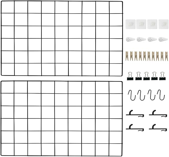 Metal Grid Wall Panel Black, Wire Photo Display Organizer, 17.3"×11.8" Board, Picture Frame, 2-Pack Mesh Memo Board with Clips and Hooks