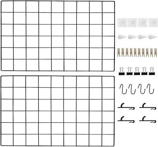 Metal Grid Wall Panel Black, Wire Photo Display Organizer, 17.3"×11.8" Board, Picture Frame, 2-Pack Mesh Memo Board with Clips and Hooks