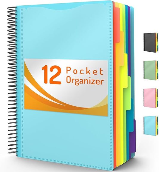Forvencer 12 Pocket Project Organizer, 1/6-cut Tab Binder Organizer with Sticky Labels, Multi Pocket Folder with Zipper Pouch, Folder Binder Spiral Pocket Notebook, Office Supplies, Letter Size, Blue