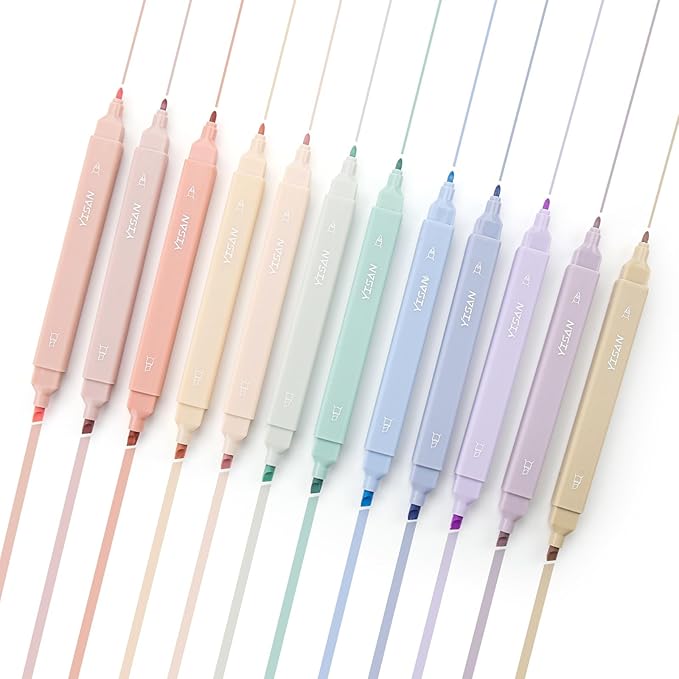 YISAN Pastel Highlighter Pens,Double Tip 12 Colors Bible Highlighter Markers no bleed,70924