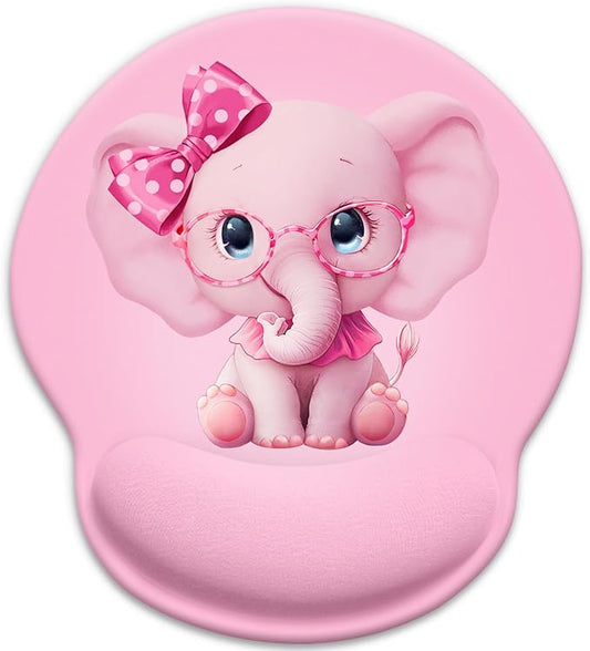 Ergonomic Mouse Pad with Gel Wrist Rest, Non-Slip PU Base & Cute Pink Elephant Design for Comfortable Office, Gaming, Home Use - Valentine's Gift for Her