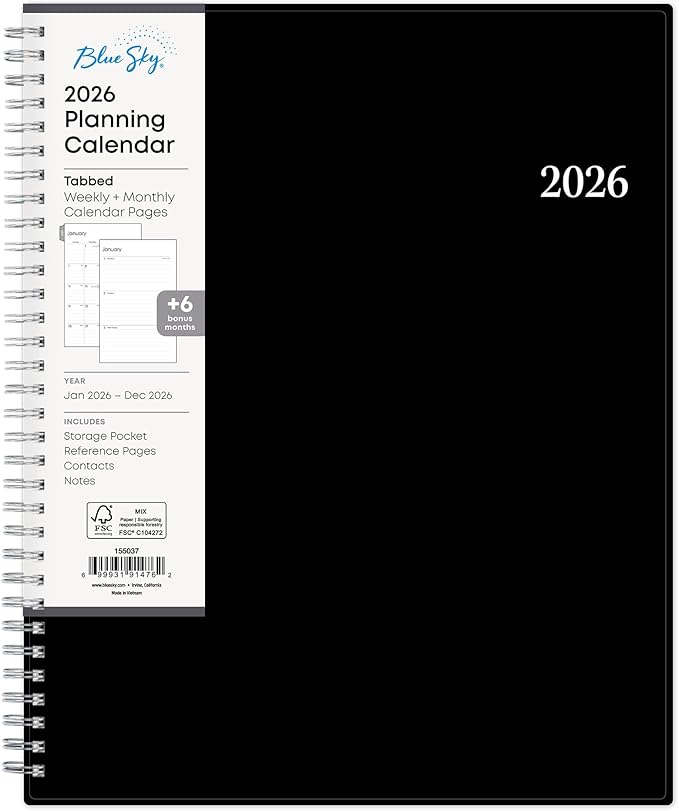 Blue Sky 2026 Weekly and Monthly Planner Calendar, Includes January 2026 - December 2026, 8.5" x 11", Flexible Cover, Wirebound, Laminated Tabs, Storage Pocket, Enterprise