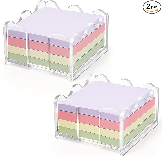 2 Pcs Scalloped Acrylic Sticky Note Holder, 3x3 Inch Clear Cute Notepad Holder Sticky Note Dispenser with Wave Design, Thick Acrylic Desk Organizer for Office, Home, Dorm, Classroom Desk