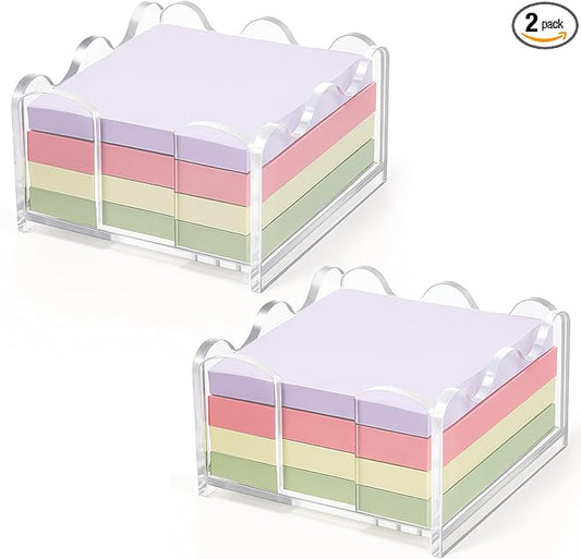 2 Pcs Scalloped Acrylic Sticky Note Holder, 3x3 Inch Clear Cute Notepad Holder Sticky Note Dispenser with Wave Design, Thick Acrylic Desk Organizer for Office, Home, Dorm, Classroom Desk