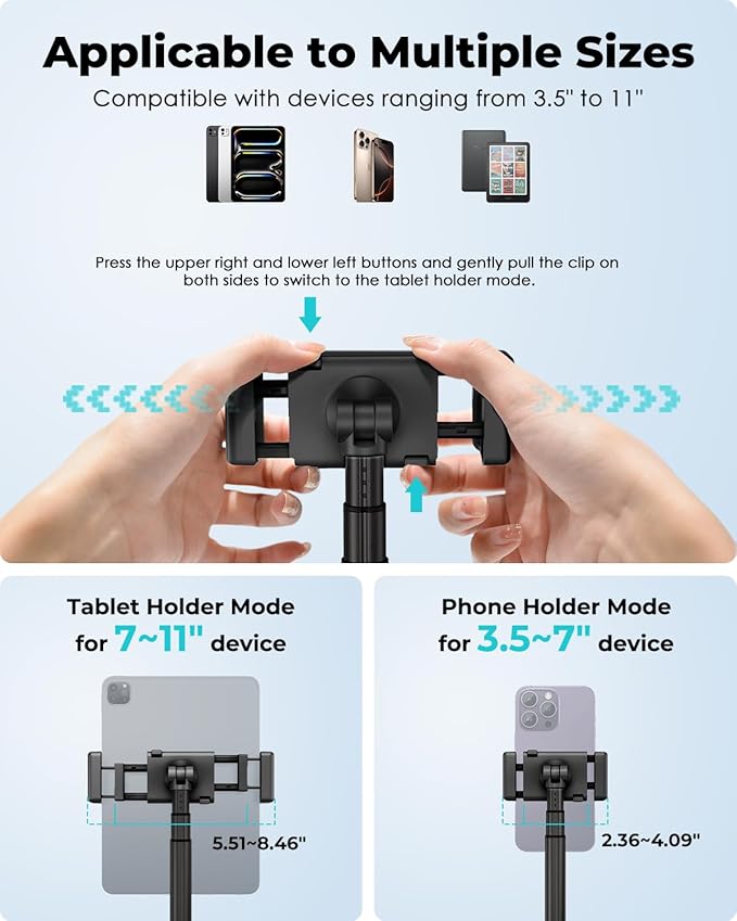 Viozon Tablet Floor Stand, Height & Angle Adjustable Tablet Holder with Aluminum Alloy Arm Tube, 360° Rotation for Bed, Sofa, Desk, Compatible with 3.5-11'' iPad Pro/Air/Mini, iPhone 15/14, Kindle，B
