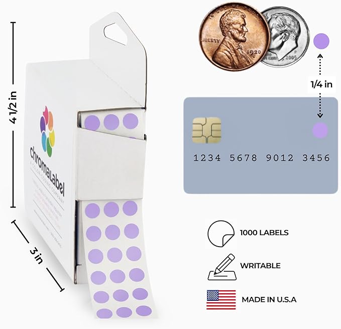 ChromaLabel 0.25 inch Lavender Sticky Color Coding Dot Stickers, Ideal for Pricing, Office Supplies, Teachers, Comes with Handy Dispenser - Great for Retail, Manufacturing, Recreation