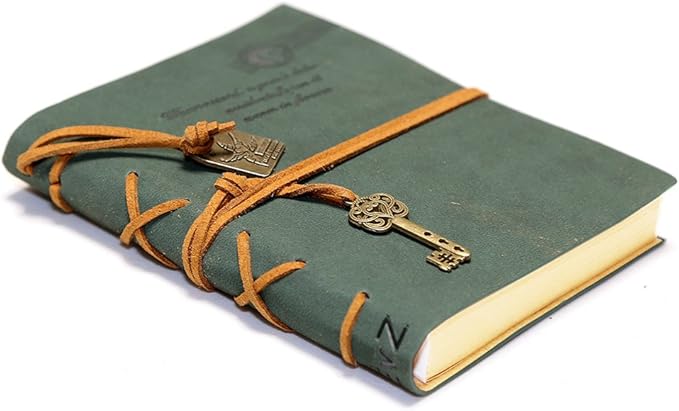 EvZ Leather Writing Journal Notebook, 7 Inches Key Bound Retro Vintage Notebook Diary Sketchbook Gifts with Unlined Travel Journals to Write in for Girls and Boys Notepad Guest Book, Dark Green